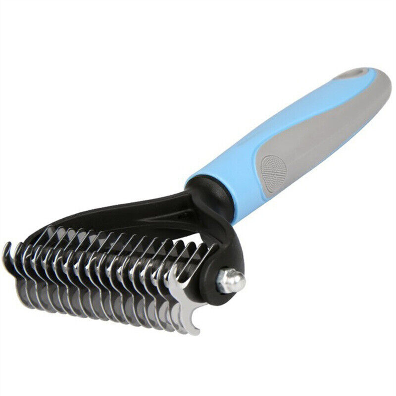 FURVIA Dematting & Deshedding Rake in blue, showing the two rows of stainless steel teeth.