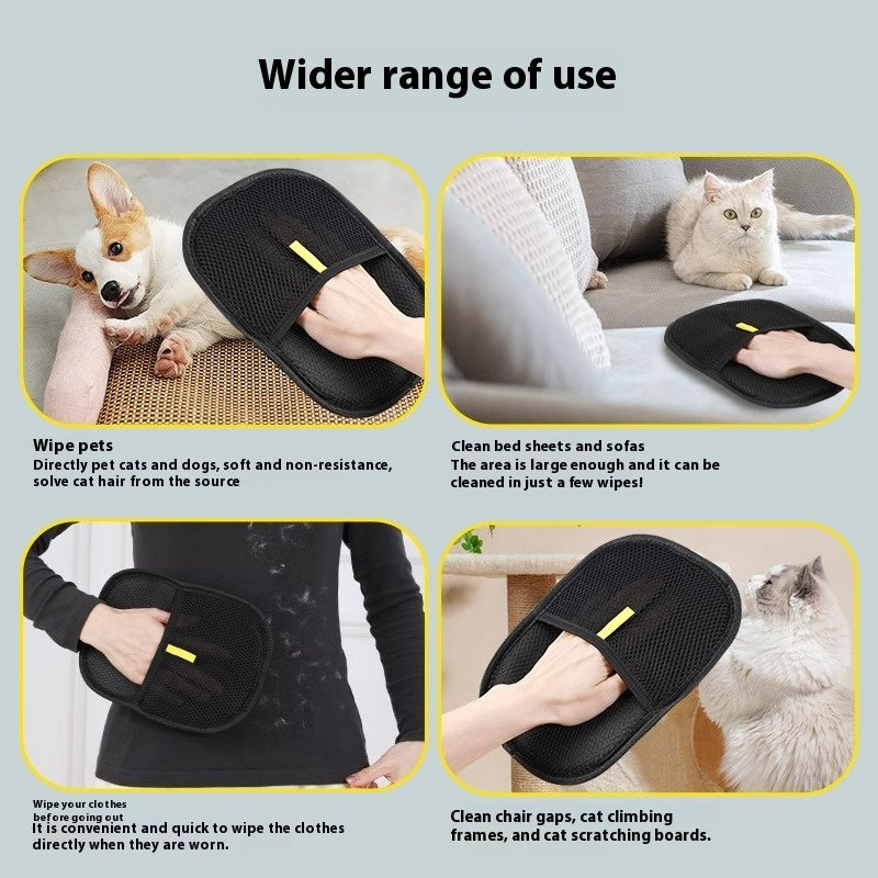 Four use cases: grooming a dog, cleaning bed sheets and sofas, wiping clothing, and reaching chair gaps and cat trees.