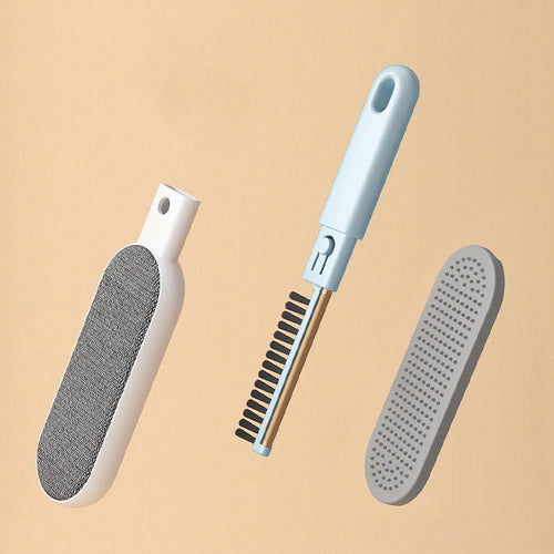 The three pieces laid side by side: fabric lint pad, comb insert and silicone brush head.