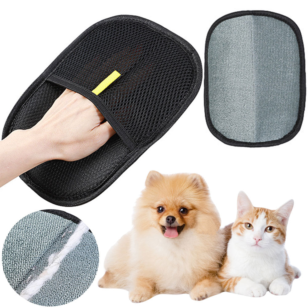 FURVIA Pet Hair Removal Mitt in black, showing both sides: the textured face and the mesh face.