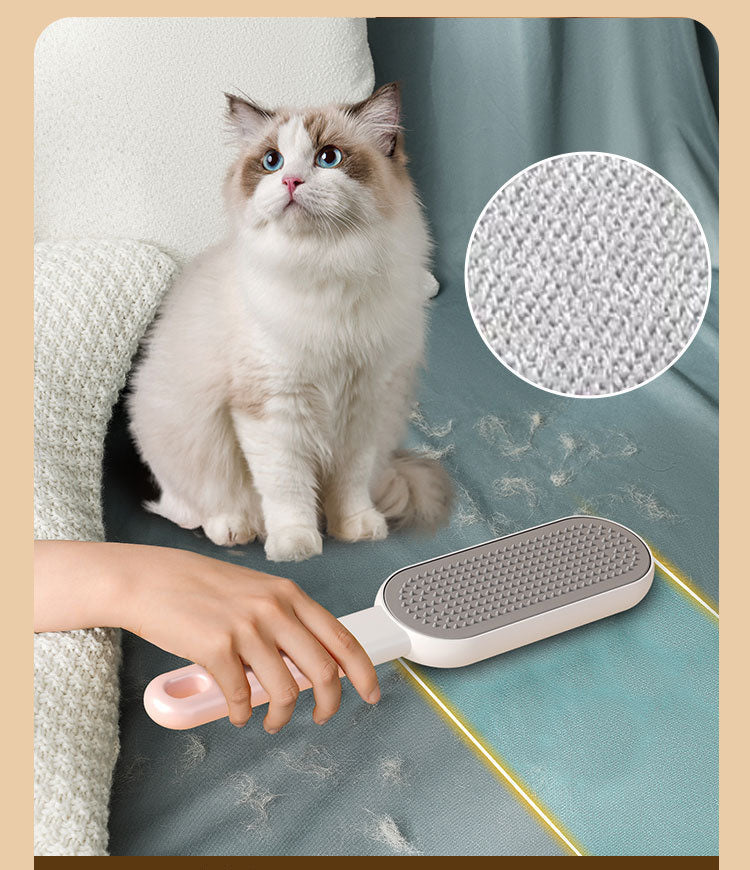 The brush resting on a sofa beside a cat, with a close-up inset of the fabric pad weave.