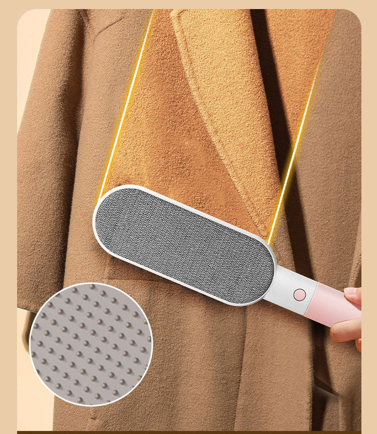The brush being drawn across a wool coat, with a close-up of the silicone pad surface.