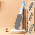 FURVIA Double-Sided Pet Hair Remover in blue, shown with its three parts: the fabric-pad brush, the detachable comb and the silicone head.